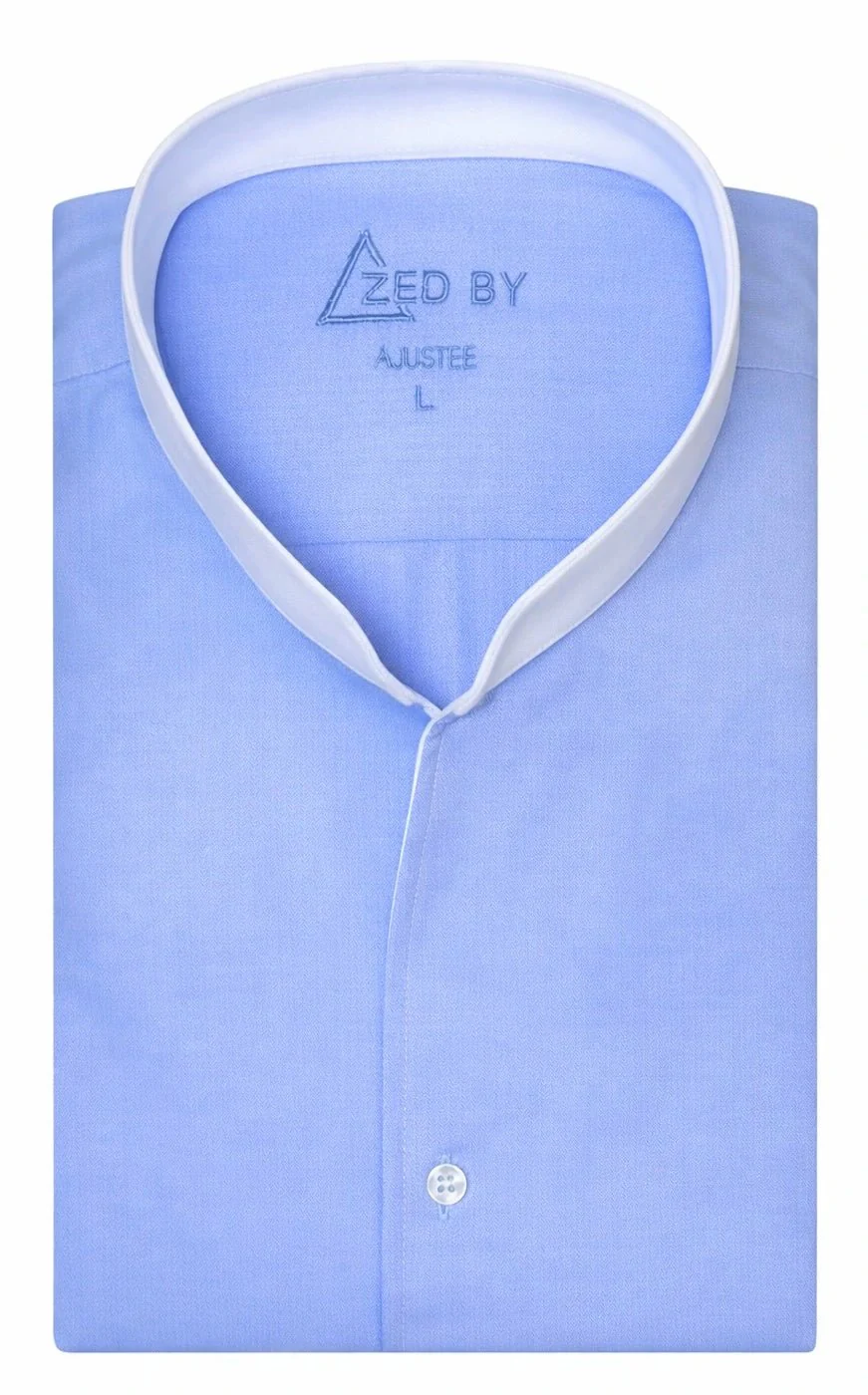 Chemise Col Indien Bleu Col Blanc