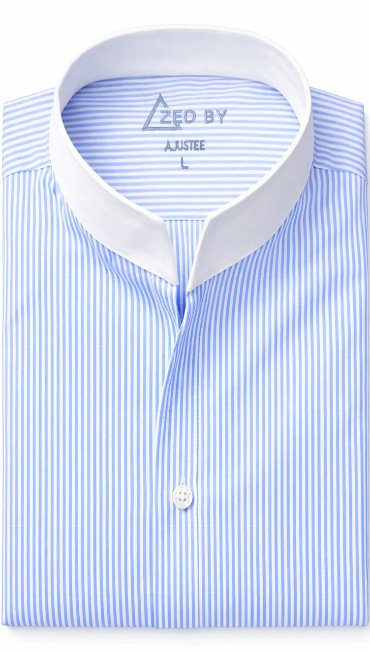 Chemise Col Indien Rayures Bleue Ciel Col Blanc