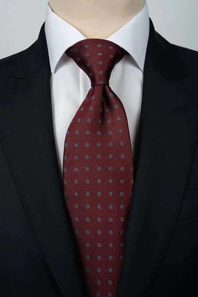 Cravate Rouge Motifs à Pois Gris + Pochette Assortie